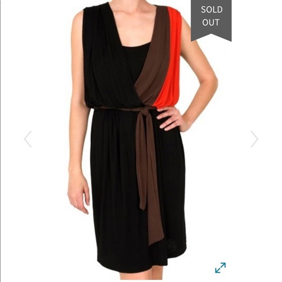 Ella Moss Women's Black Multi Surplice Neck Sprouse Belted Faux Wrap Dress sz XS - Picture 2 of 5